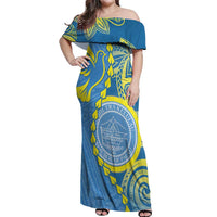 Personalised Palau Independence Day Off Shoulder Maxi Dress Belau Coat Of Arms Polynesian Curve Style LT14 Women Blue - Polynesian Pride