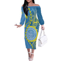 Personalised Palau Independence Day Off The Shoulder Long Sleeve Dress Belau Coat Of Arms Polynesian Curve Style LT14 Women Blue - Polynesian Pride