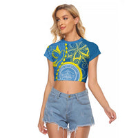 Personalised Palau Independence Day Raglan Cropped T Shirt Belau Coat Of Arms Polynesian Curve Style LT14 Female Blue - Polynesian Pride