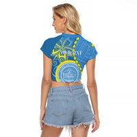 Personalised Palau Independence Day Raglan Cropped T Shirt Belau Coat Of Arms Polynesian Curve Style LT14 - Polynesian Pride