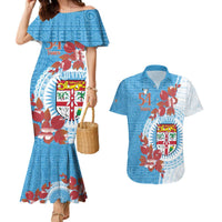 Personalised Fiji Day Couples Matching Mermaid Dress and Hawaiian Shirt Fijian Tapa Pattern Mix Tagimoucia - Blue Version LT14 Blue - Polynesian Pride