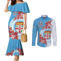 Personalised Fiji Day Couples Matching Mermaid Dress and Long Sleeve Button Shirt Fijian Tapa Pattern Mix Tagimoucia - Blue Version LT14 Blue - Polynesian Pride