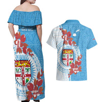 Personalised Fiji Day Couples Matching Off Shoulder Maxi Dress and Hawaiian Shirt Fijian Tapa Pattern Mix Tagimoucia - Blue Version LT14 - Polynesian Pride