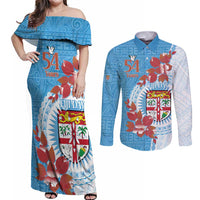 Personalised Fiji Day Couples Matching Off Shoulder Maxi Dress and Long Sleeve Button Shirt Fijian Tapa Pattern Mix Tagimoucia - Blue Version LT14 Blue - Polynesian Pride