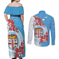 Personalised Fiji Day Couples Matching Off Shoulder Maxi Dress and Long Sleeve Button Shirt Fijian Tapa Pattern Mix Tagimoucia - Blue Version LT14 - Polynesian Pride