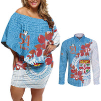 Personalised Fiji Day Couples Matching Off Shoulder Short Dress and Long Sleeve Button Shirt Fijian Tapa Pattern Mix Tagimoucia - Blue Version LT14 Blue - Polynesian Pride