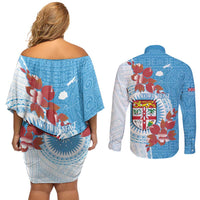 Personalised Fiji Day Couples Matching Off Shoulder Short Dress and Long Sleeve Button Shirt Fijian Tapa Pattern Mix Tagimoucia - Blue Version LT14 - Polynesian Pride