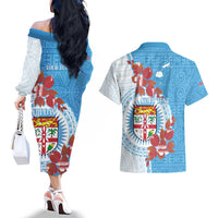 Personalised Fiji Day Couples Matching Off The Shoulder Long Sleeve Dress and Hawaiian Shirt Fijian Tapa Pattern Mix Tagimoucia - Blue Version LT14 - Polynesian Pride