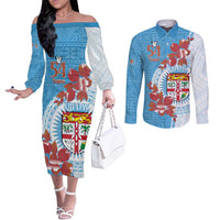 Personalised Fiji Day Couples Matching Off The Shoulder Long Sleeve Dress and Long Sleeve Button Shirt Fijian Tapa Pattern Mix Tagimoucia - Blue Version LT14 Blue - Polynesian Pride