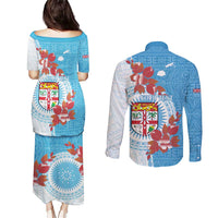Personalised Fiji Day Couples Matching Puletasi and Long Sleeve Button Shirt Fijian Tapa Pattern Mix Tagimoucia - Blue Version LT14 - Polynesian Pride