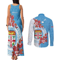 Personalised Fiji Day Couples Matching Tank Maxi Dress and Long Sleeve Button Shirt Fijian Tapa Pattern Mix Tagimoucia - Blue Version LT14 - Polynesian Pride