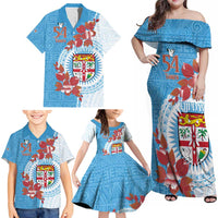 Personalised Fiji Day Family Matching Off Shoulder Maxi Dress and Hawaiian Shirt Fijian Tapa Pattern Mix Tagimoucia - Blue Version LT14 - Polynesian Pride