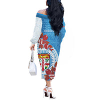 Personalised Fiji Day Off The Shoulder Long Sleeve Dress Fijian Tapa Pattern Mix Tagimoucia - Blue Version LT14 - Polynesian Pride