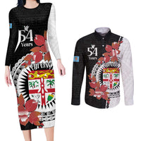 Personalised Fiji Day Couples Matching Long Sleeve Bodycon Dress and Long Sleeve Button Shirt Fijian Tapa Pattern Mix Tagimoucia - Black Version LT14 Black - Polynesian Pride