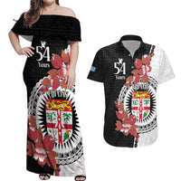 Personalised Fiji Day Couples Matching Off Shoulder Maxi Dress and Hawaiian Shirt Fijian Tapa Pattern Mix Tagimoucia - Black Version LT14 Black - Polynesian Pride