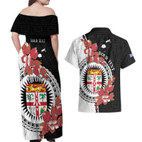Personalised Fiji Day Couples Matching Off Shoulder Maxi Dress and Hawaiian Shirt Fijian Tapa Pattern Mix Tagimoucia - Black Version LT14 - Polynesian Pride