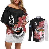 Personalised Fiji Day Couples Matching Off Shoulder Short Dress and Long Sleeve Button Shirt Fijian Tapa Pattern Mix Tagimoucia - Black Version LT14 Black - Polynesian Pride