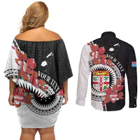 Personalised Fiji Day Couples Matching Off Shoulder Short Dress and Long Sleeve Button Shirt Fijian Tapa Pattern Mix Tagimoucia - Black Version LT14 - Polynesian Pride