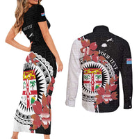 Personalised Fiji Day Couples Matching Short Sleeve Bodycon Dress and Long Sleeve Button Shirt Fijian Tapa Pattern Mix Tagimoucia - Black Version LT14 - Polynesian Pride