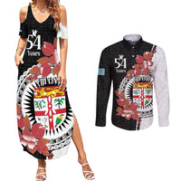 Personalised Fiji Day Couples Matching Summer Maxi Dress and Long Sleeve Button Shirt Fijian Tapa Pattern Mix Tagimoucia - Black Version LT14 Black - Polynesian Pride