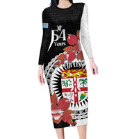 Personalised Fiji Day Family Matching Long Sleeve Bodycon Dress and Hawaiian Shirt Fijian Tapa Pattern Mix Tagimoucia - Black Version LT14 Mom's Dress Black - Polynesian Pride