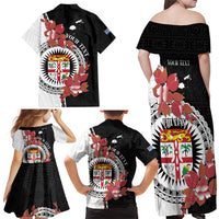 Personalised Fiji Day Family Matching Off Shoulder Maxi Dress and Hawaiian Shirt Fijian Tapa Pattern Mix Tagimoucia - Black Version LT14 - Polynesian Pride