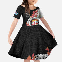 Personalised Fiji Day Family Matching Puletasi and Hawaiian Shirt Fijian Tapa Pattern Mix Tagimoucia - Black Version LT14 Daughter's Dress Black - Polynesian Pride