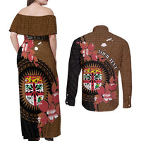 Personalised Fiji Day Couples Matching Off Shoulder Maxi Dress and Long Sleeve Button Shirt Fijian Tapa Pattern Mix Tagimoucia - Brown Version LT14 - Polynesian Pride