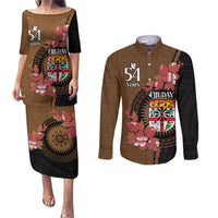 Personalised Fiji Day Couples Matching Puletasi and Long Sleeve Button Shirt Fijian Tapa Pattern Mix Tagimoucia - Brown Version LT14 Brown - Polynesian Pride