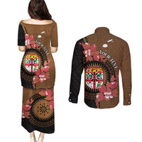 Personalised Fiji Day Couples Matching Puletasi and Long Sleeve Button Shirt Fijian Tapa Pattern Mix Tagimoucia - Brown Version LT14 - Polynesian Pride