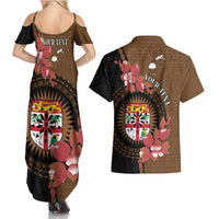 Personalised Fiji Day Couples Matching Summer Maxi Dress and Hawaiian Shirt Fijian Tapa Pattern Mix Tagimoucia - Brown Version LT14 - Polynesian Pride