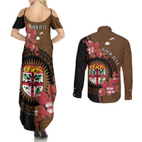 Personalised Fiji Day Couples Matching Summer Maxi Dress and Long Sleeve Button Shirt Fijian Tapa Pattern Mix Tagimoucia - Brown Version LT14 - Polynesian Pride