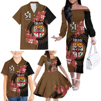 Personalised Fiji Day Family Matching Off The Shoulder Long Sleeve Dress and Hawaiian Shirt Fijian Tapa Pattern Mix Tagimoucia - Brown Version LT14 - Polynesian Pride