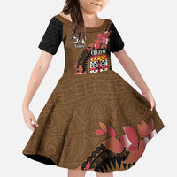 Personalised Fiji Day Family Matching Off Shoulder Maxi Dress and Hawaiian Shirt Fijian Tapa Pattern Mix Tagimoucia - Brown Version LT14 Daughter's Dress Brown - Polynesian Pride