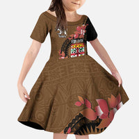 Personalised Fiji Day Kid Short Sleeve Dress Fijian Tapa Pattern Mix Tagimoucia - Brown Version LT14 KID Brown - Polynesian Pride