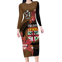 Personalised Fiji Day Long Sleeve Bodycon Dress Fijian Tapa Pattern Mix Tagimoucia - Brown Version LT14 Long Dress Brown - Polynesian Pride