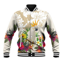 New Zealand Cacatua Galerita Baseball Jacket Aotearoa Cockatoo Tropical Flowers LT14 Unisex Beige - Polynesian Pride