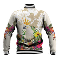New Zealand Cacatua Galerita Baseball Jacket Aotearoa Cockatoo Tropical Flowers LT14 - Polynesian Pride