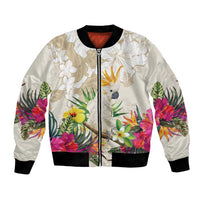 New Zealand Cacatua Galerita Bomber Jacket Aotearoa Cockatoo Tropical Flowers LT14 Unisex Beige - Polynesian Pride