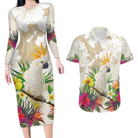 New Zealand Cacatua Galerita Couples Matching Long Sleeve Bodycon Dress and Hawaiian Shirt Aotearoa Cockatoo Tropical Flowers LT14 Beige - Polynesian Pride