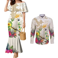 New Zealand Cacatua Galerita Couples Matching Mermaid Dress and Long Sleeve Button Shirt Aotearoa Cockatoo Tropical Flowers LT14 Beige - Polynesian Pride