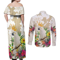 New Zealand Cacatua Galerita Couples Matching Off Shoulder Maxi Dress and Long Sleeve Button Shirt Aotearoa Cockatoo Tropical Flowers LT14 - Polynesian Pride
