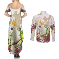New Zealand Cacatua Galerita Couples Matching Summer Maxi Dress and Long Sleeve Button Shirt Aotearoa Cockatoo Tropical Flowers LT14 - Polynesian Pride