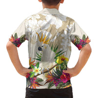 New Zealand Cacatua Galerita Family Matching Off The Shoulder Long Sleeve Dress and Hawaiian Shirt Aotearoa Cockatoo Tropical Flowers LT14 - Polynesian Pride