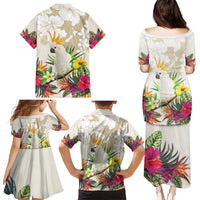 New Zealand Cacatua Galerita Family Matching Puletasi and Hawaiian Shirt Aotearoa Cockatoo Tropical Flowers LT14 - Polynesian Pride