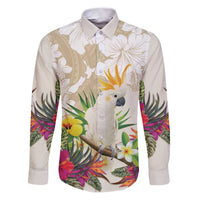 New Zealand Cacatua Galerita Family Matching Puletasi and Hawaiian Shirt Aotearoa Cockatoo Tropical Flowers LT14 Dad's Shirt - Long Sleeve Beige - Polynesian Pride