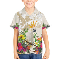 New Zealand Cacatua Galerita Family Matching Puletasi and Hawaiian Shirt Aotearoa Cockatoo Tropical Flowers LT14 Son's Shirt Beige - Polynesian Pride
