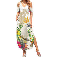 New Zealand Cacatua Galerita Family Matching Summer Maxi Dress and Hawaiian Shirt Aotearoa Cockatoo Tropical Flowers LT14 Mom's Dress Beige - Polynesian Pride