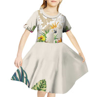 New Zealand Cacatua Galerita Kid Short Sleeve Dress Aotearoa Cockatoo Tropical Flowers LT14 - Polynesian Pride