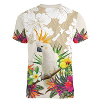 New Zealand Cacatua Galerita Women V-Neck T-Shirt Aotearoa Cockatoo Tropical Flowers LT14 - Polynesian Pride